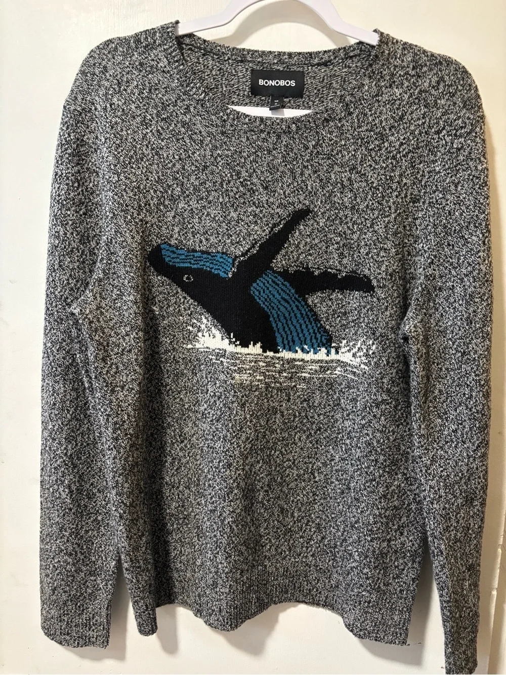 Bonobos Men's Whale Black Gray Blue Merino Wool Pullover Sweater Slim Size M
